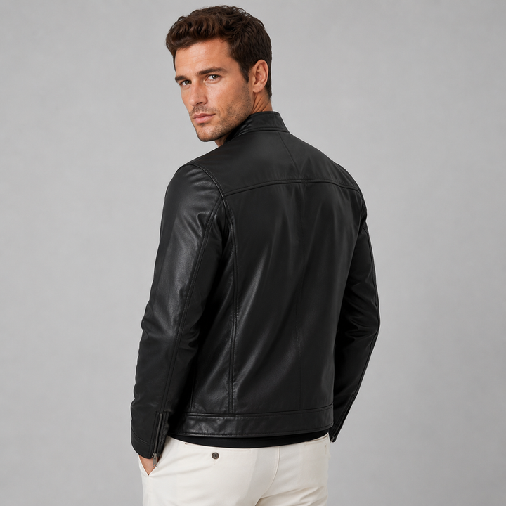 Men's Leather Effect Biker Jacket with High Collar Montarello