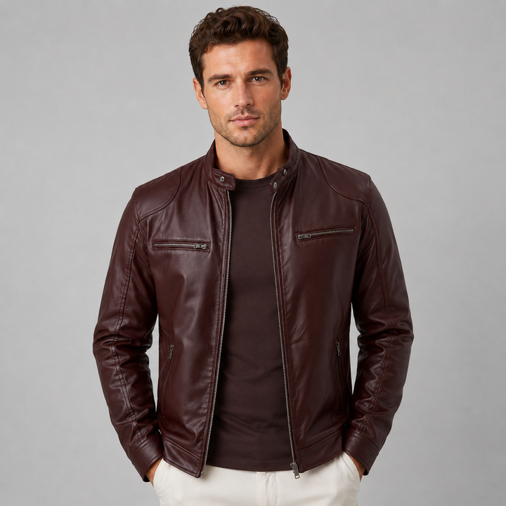 Men's Leather Effect Biker Jacket with High Collar Montarello