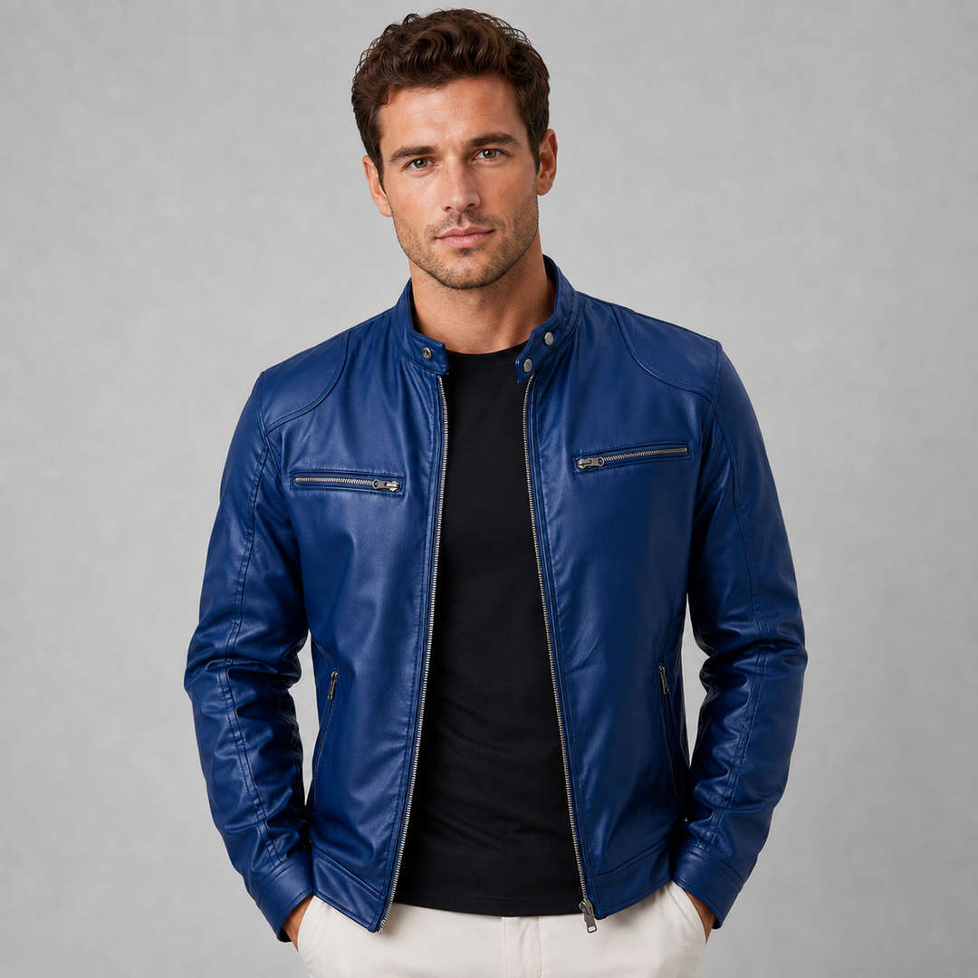Men's Leather Effect Biker Jacket with High Collar Montarello