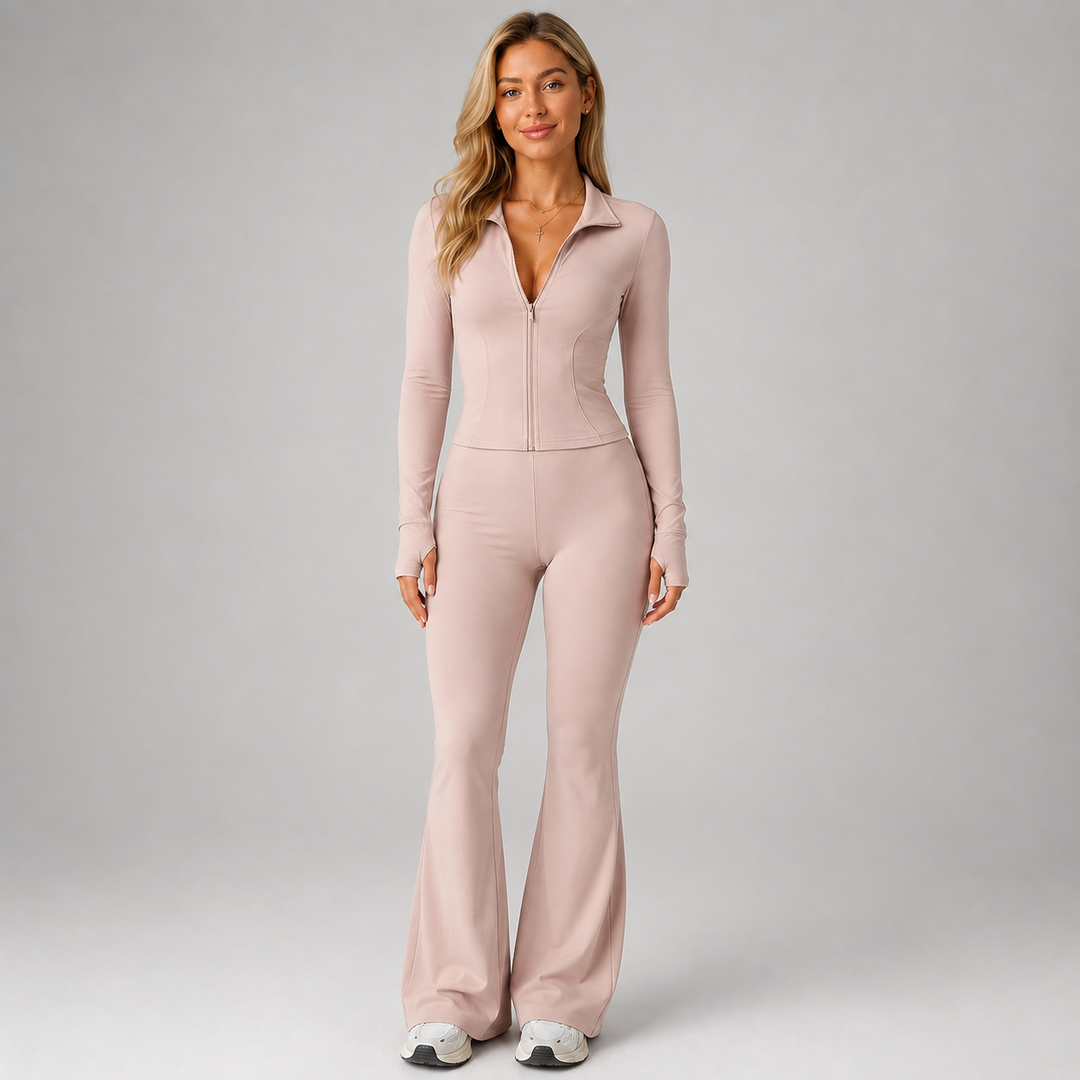 Coordinated Ribbed Set for Women Montarello, Zip-Up Top and Flared Pants