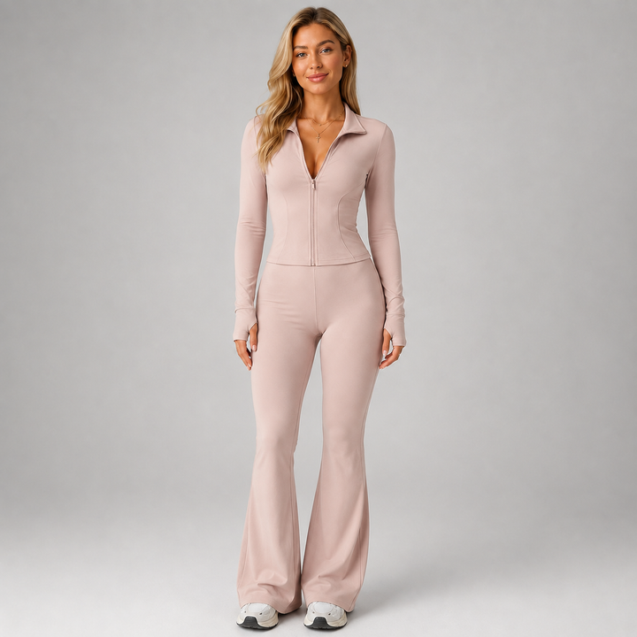 Coordinated Ribbed Set for Women Montarello, Zip-Up Top and Flared Pants