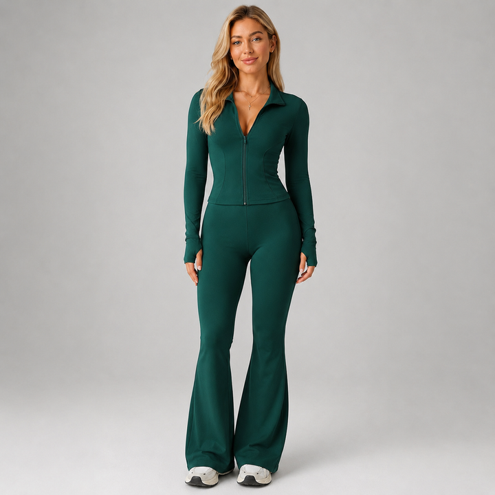 Coordinated Ribbed Set for Women Montarello, Zip-Up Top and Flared Pants