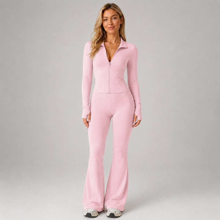 Coordinated Ribbed Set for Women Montarello, Zip-Up Top and Flared Pants
