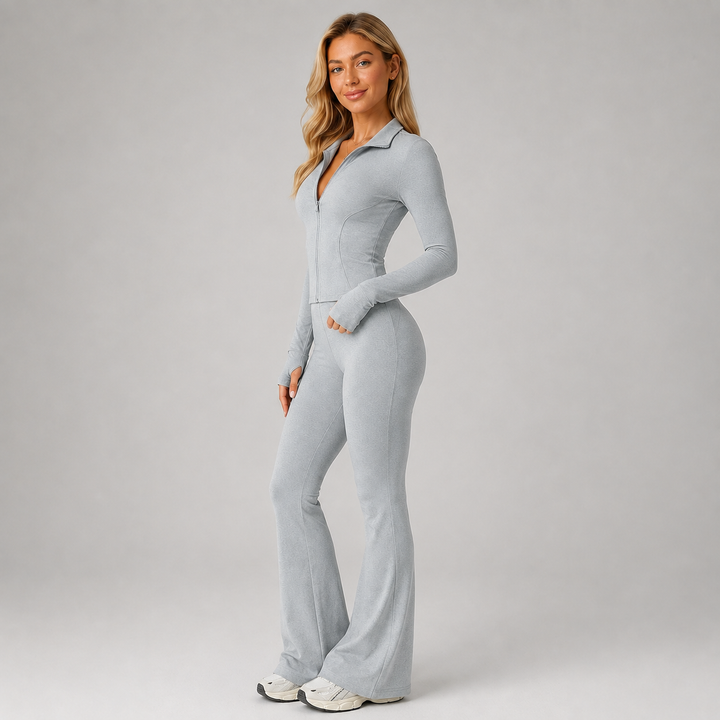 Coordinated Ribbed Set for Women Montarello, Zip-Up Top and Flared Pants