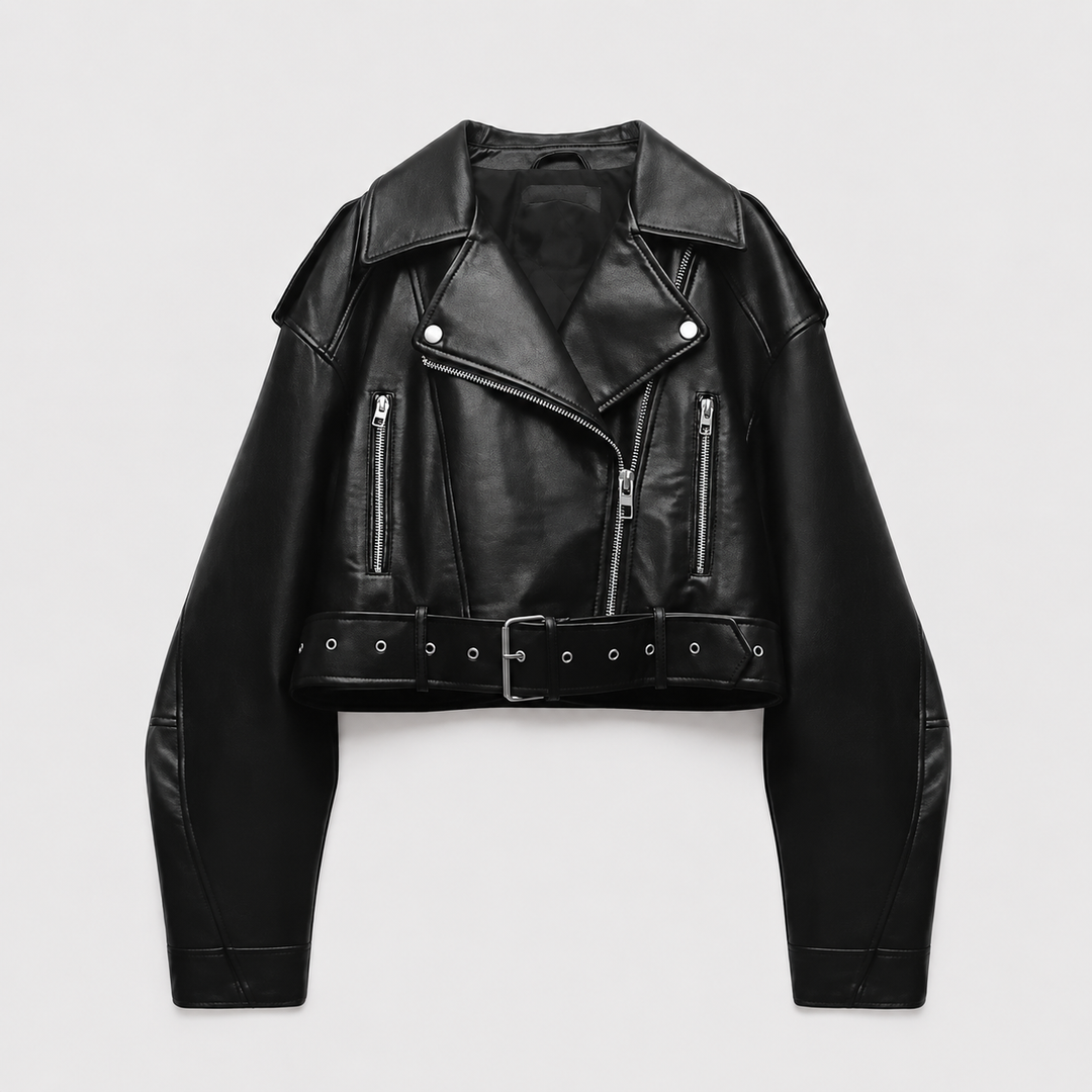 Belted Biker Jacket for Women Montarello Leather Look