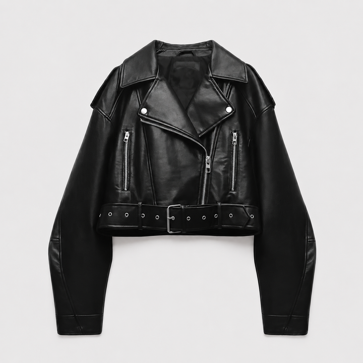 Belted Biker Jacket for Women Montarello Leather Look