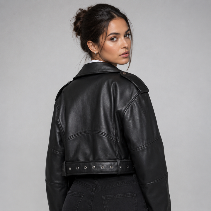 Belted Biker Jacket for Women Montarello Leather Look