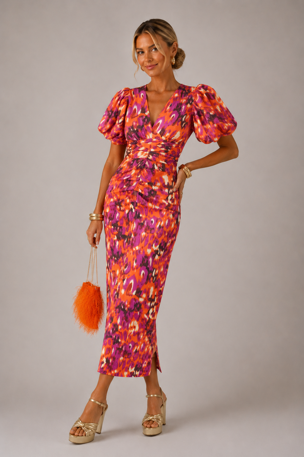 Women’s V-Neck Midi Dress Puff Sleeve Printed - Craw Leigh