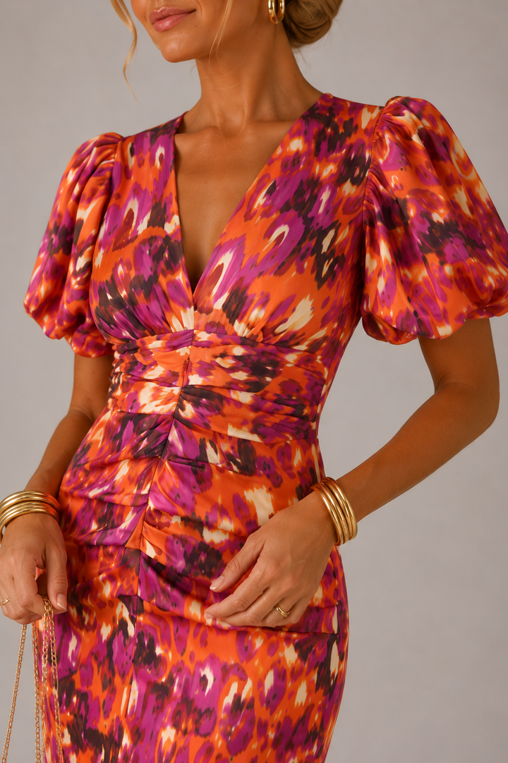 Women’s V-Neck Midi Dress Puff Sleeve Printed - Craw Leigh