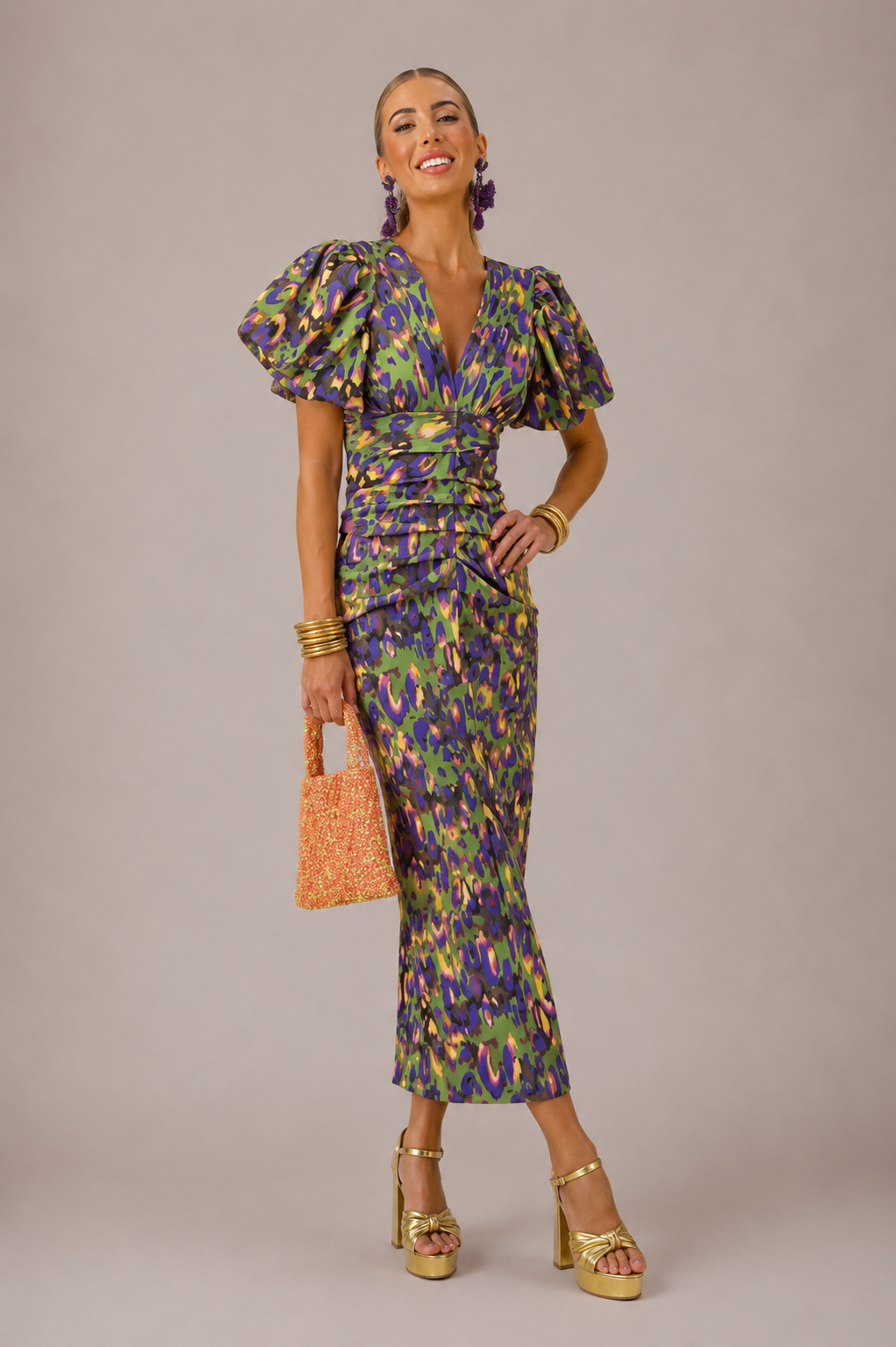 Women’s V-Neck Midi Dress Puff Sleeve Printed - Craw Leigh