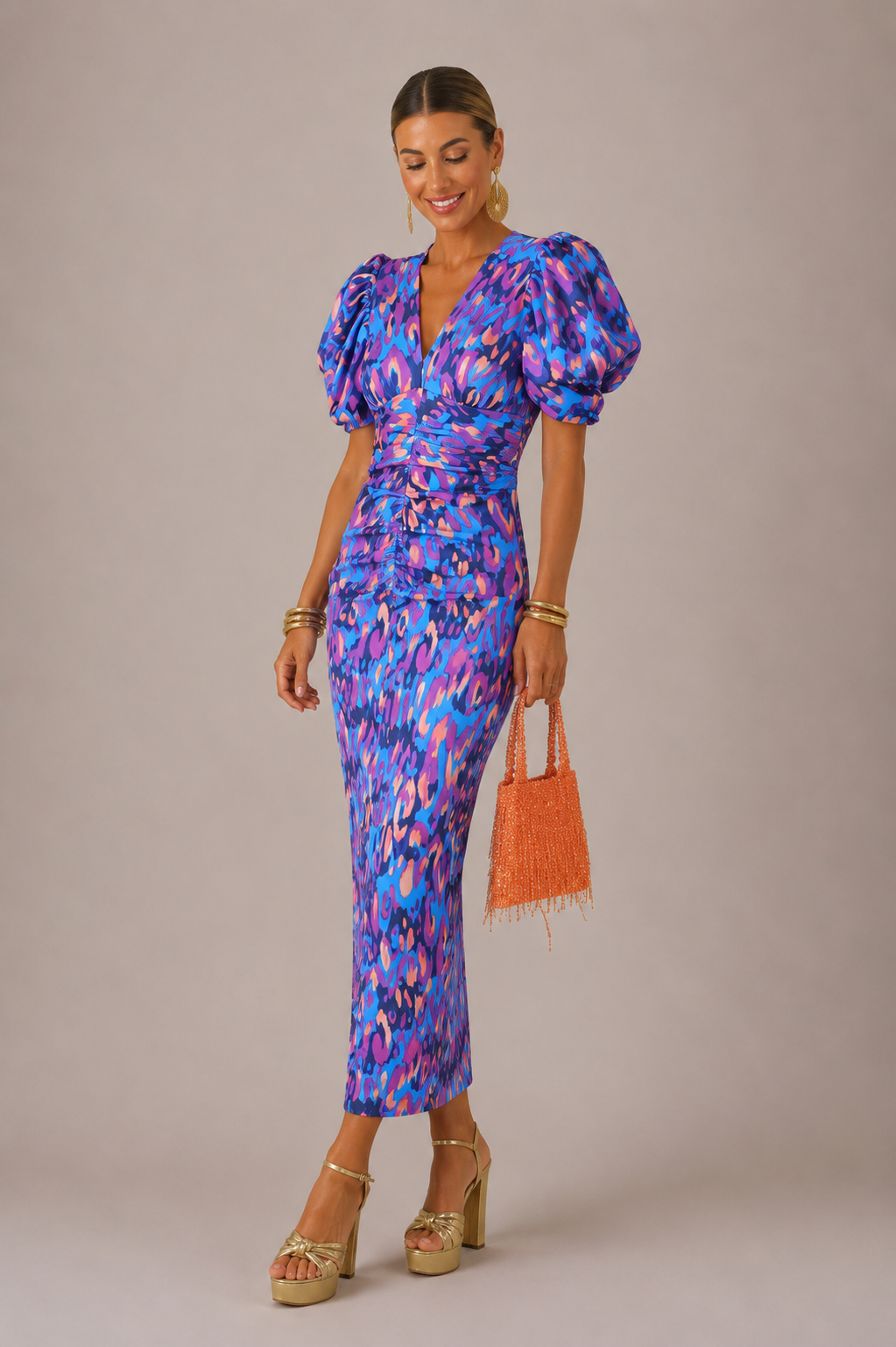 Women’s V-Neck Midi Dress Puff Sleeve Printed - Craw Leigh