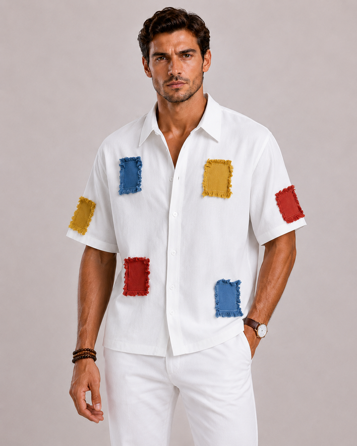 Harrington Oxford | Short Sleeve Patchwork Shirt For Men
