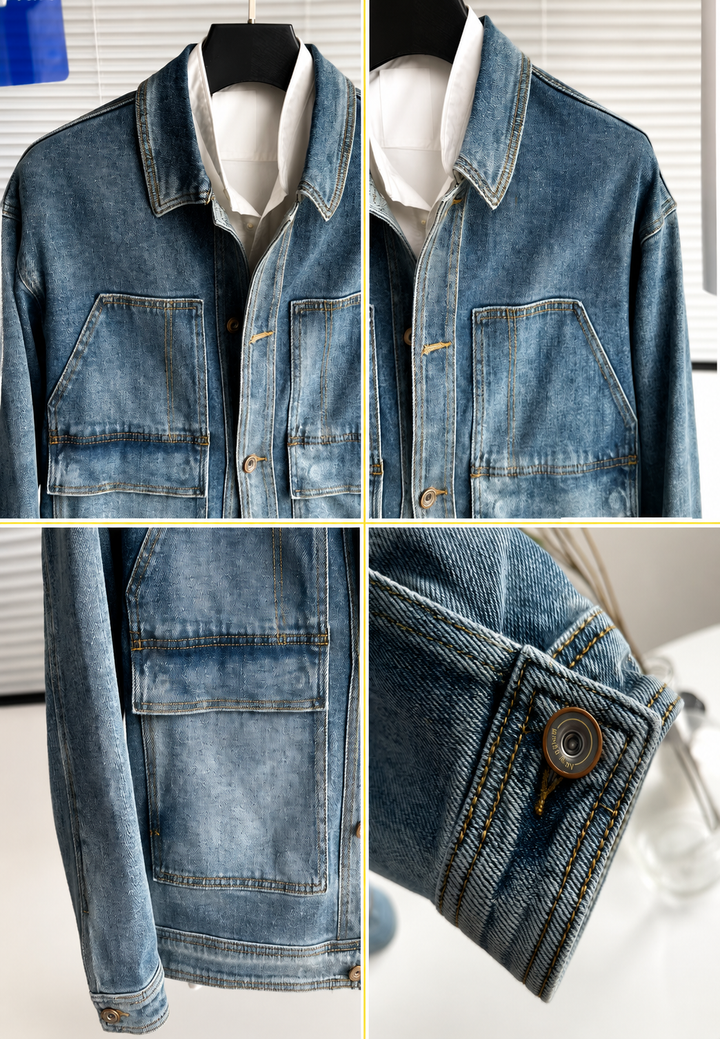 Washed Effect Denim Jacket with Large Pockets - Kaspar