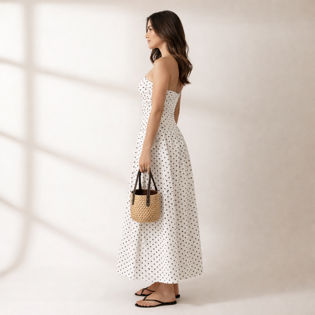 Women's Strapless Polka Dot Maxi Dress