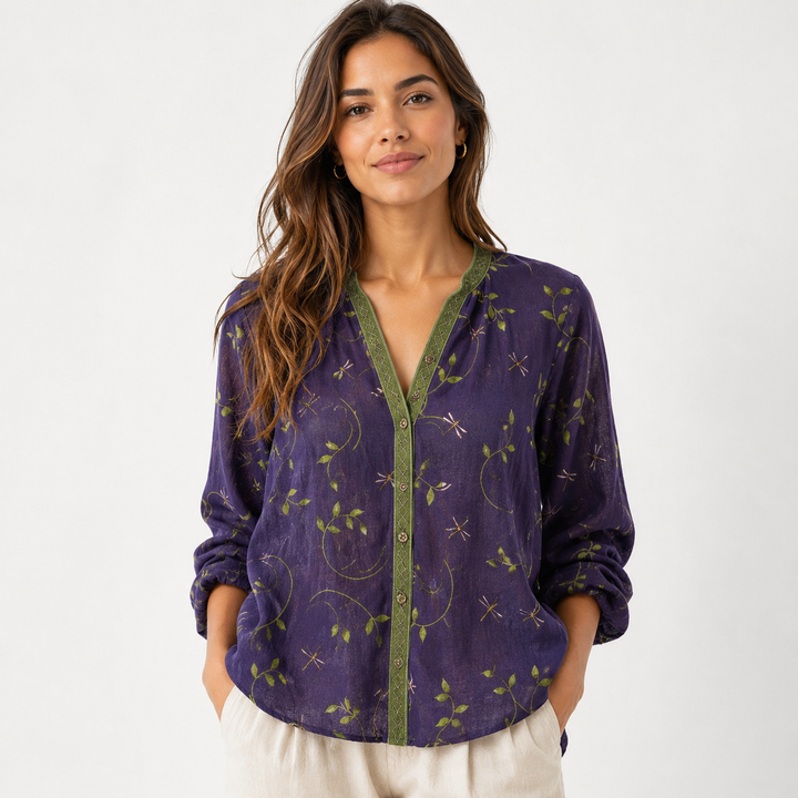 Loose Floral V-Neck Long Sleeve Shirt for Women Montarello