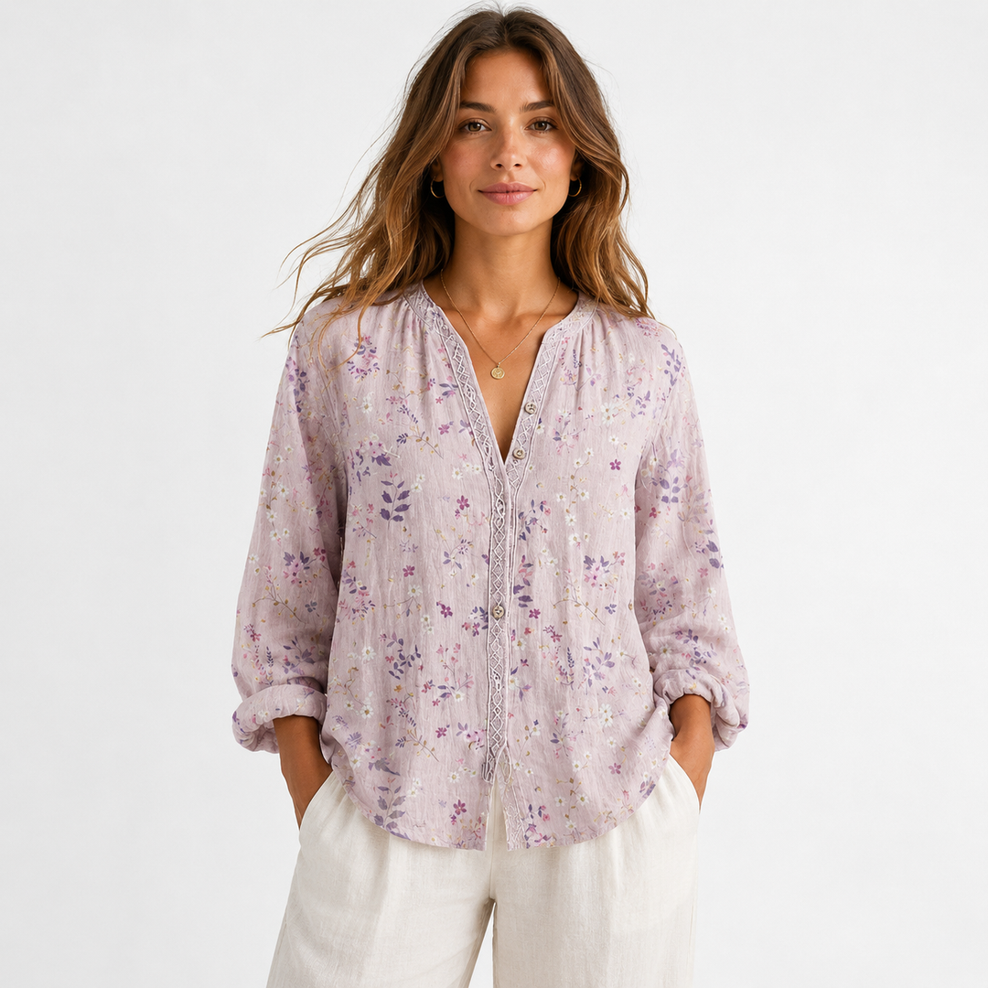 Loose Floral V-Neck Long Sleeve Shirt for Women Montarello