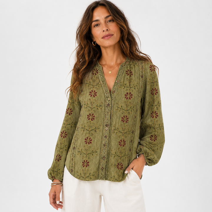 Loose Floral V-Neck Long Sleeve Shirt for Women Montarello