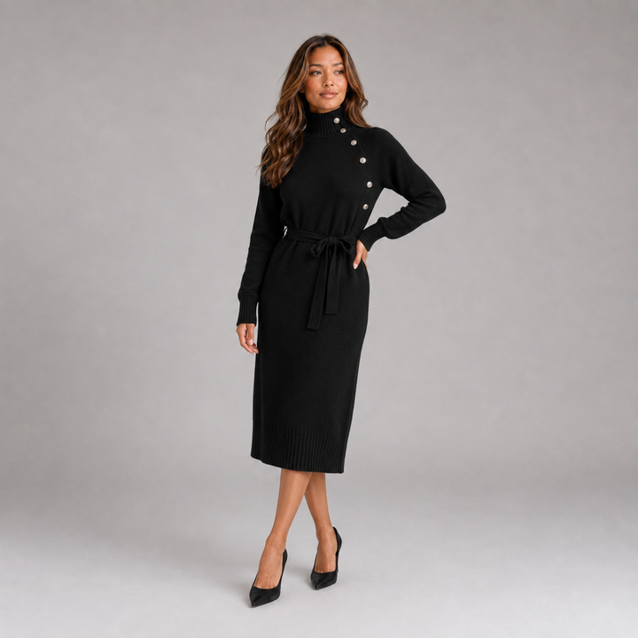 Montarello Women's Jumper Dress Roll Neck Belted Midi