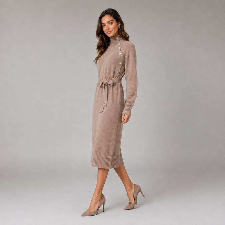 Montarello Women's Jumper Dress Roll Neck Belted Midi