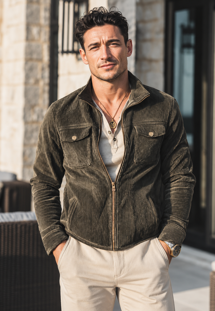 Men's Corduroy Jacket with High Collar, Zipper, and Pockets - Florian