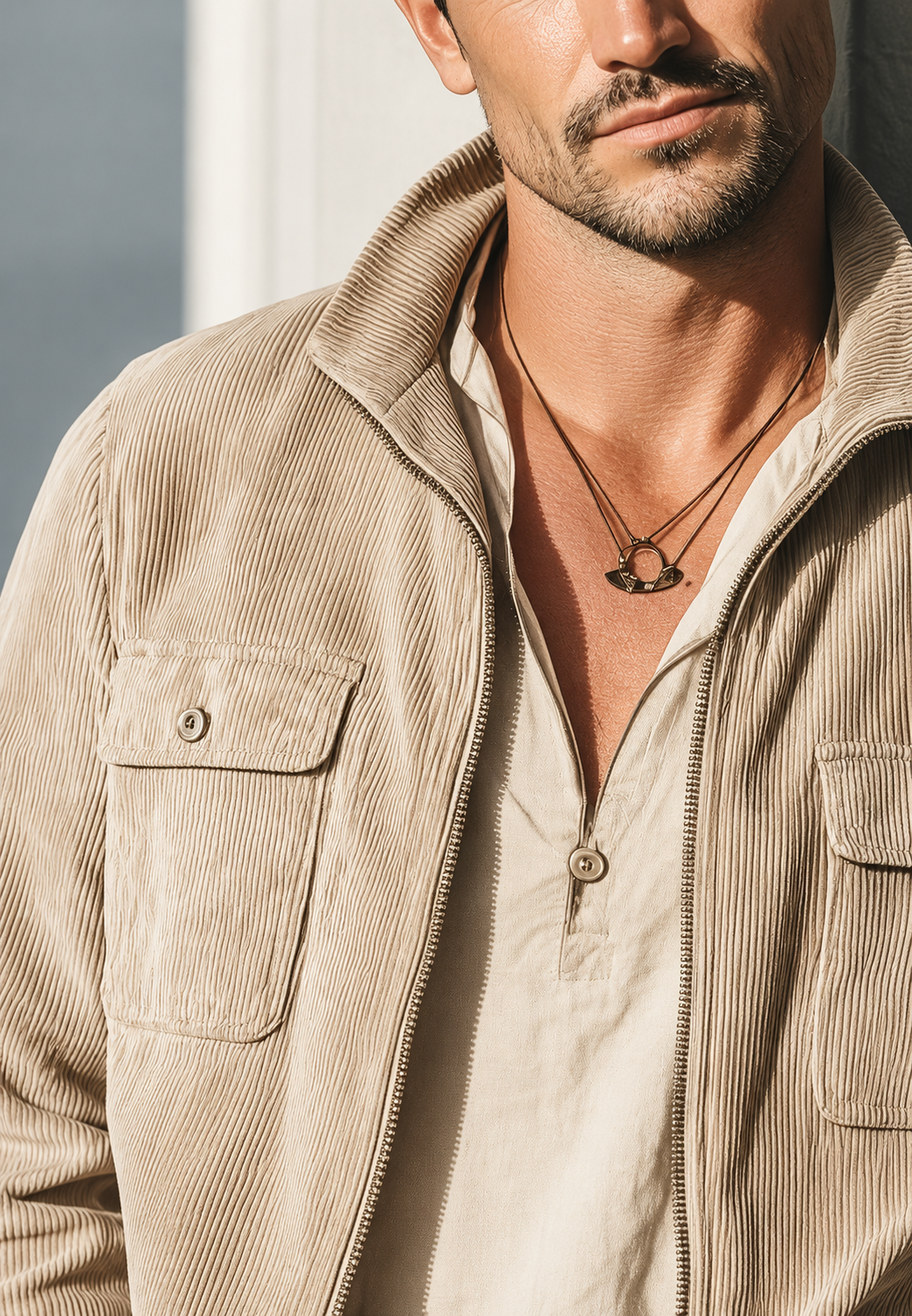 Men's Corduroy Jacket with High Collar, Zipper, and Pockets - Florian