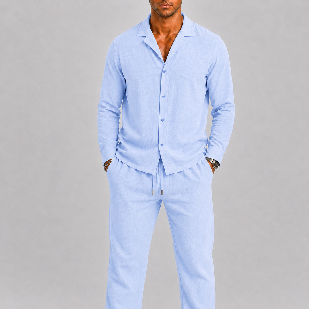 Harrington Oxford Linen Two Piece Set for Men, view 9 - Elena Harper