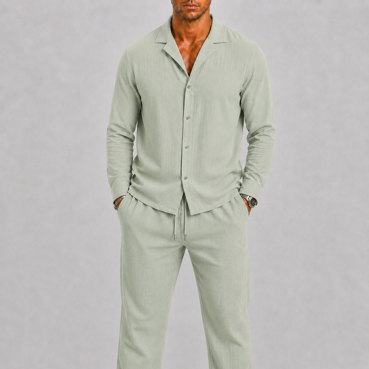 Harrington Oxford Linen Two Piece Set for Men, view 8 - Elena Harper