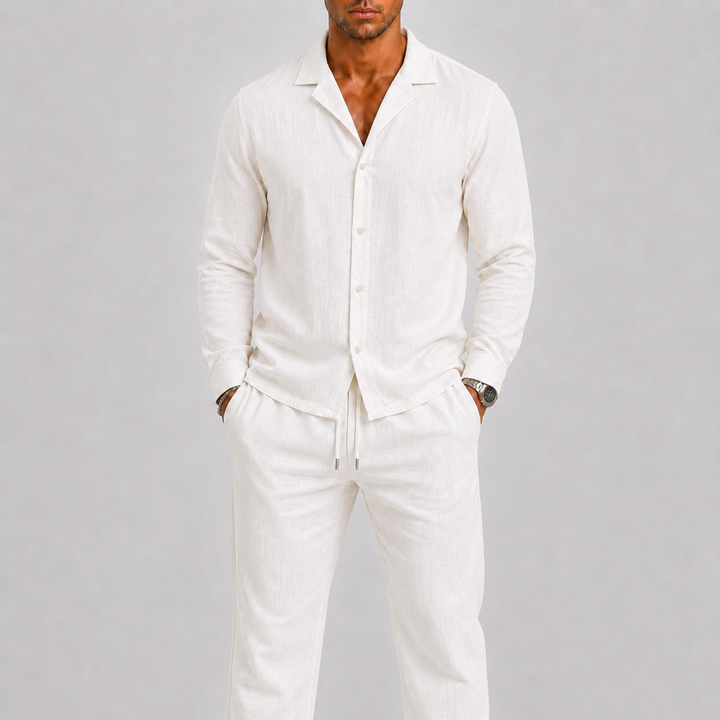 Harrington Oxford Linen Two Piece Set for Men, view 6 - Elena Harper