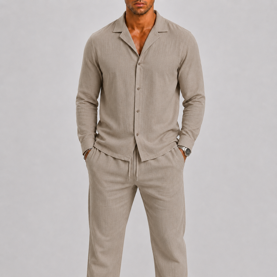 Harrington Oxford Linen Two Piece Set for Men, view 5 - Elena Harper
