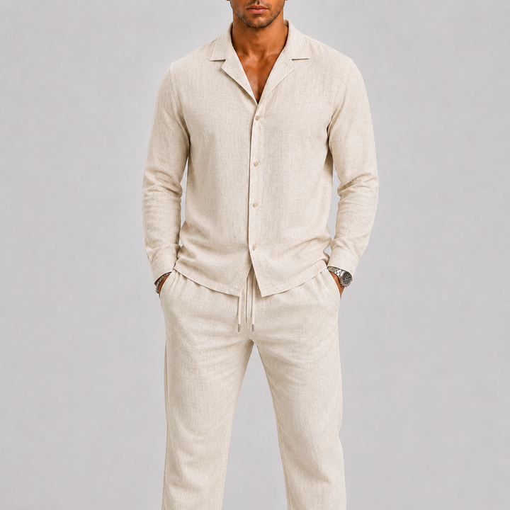 Harrington Oxford Linen Two Piece Set for Men, view 4 - Elena Harper