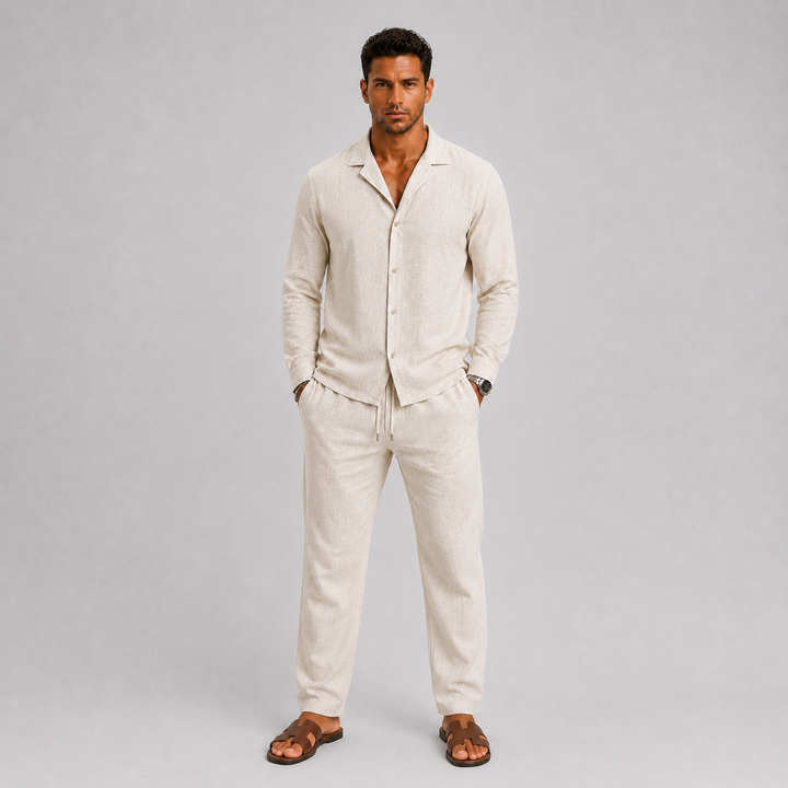 Harrington Oxford Linen Two Piece Set for Men, view 2 - Elena Harper