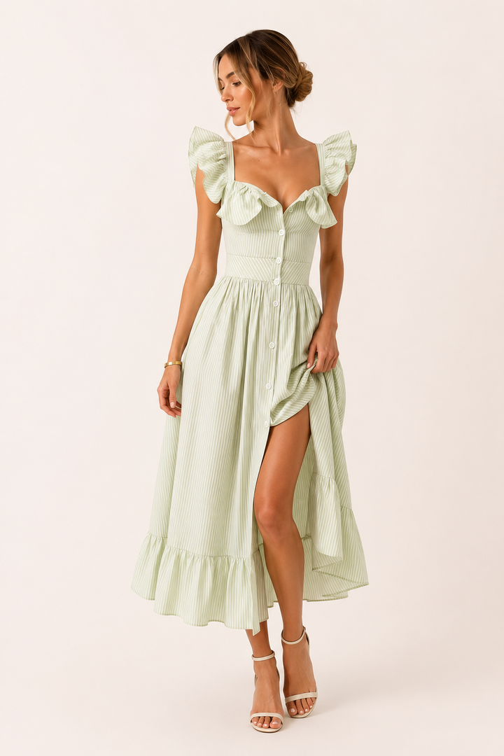 Lightweight Striped Midi Dress for Women with Ruffles - Elina