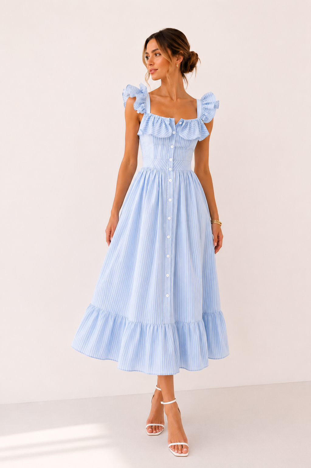 Lightweight Striped Midi Dress for Women with Ruffles - Elina