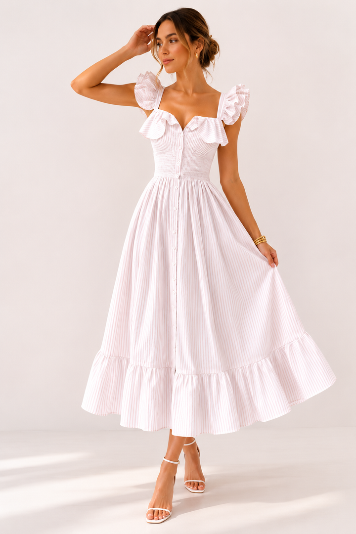 Lightweight Striped Midi Dress for Women with Ruffles - Elina