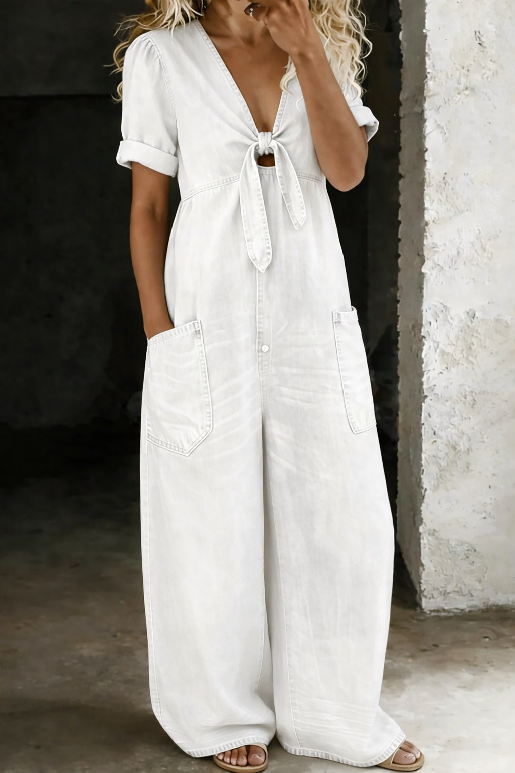 Women's Soft Denim Jumpsuit with V-Neck and Wide Legs