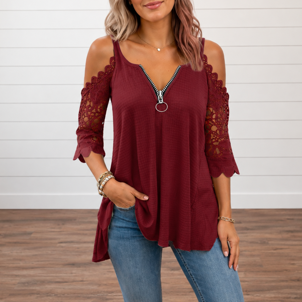 Duetta Lace-Sleeve Cold-Shoulder Zip-Front Tunic Top - Elena Harper
