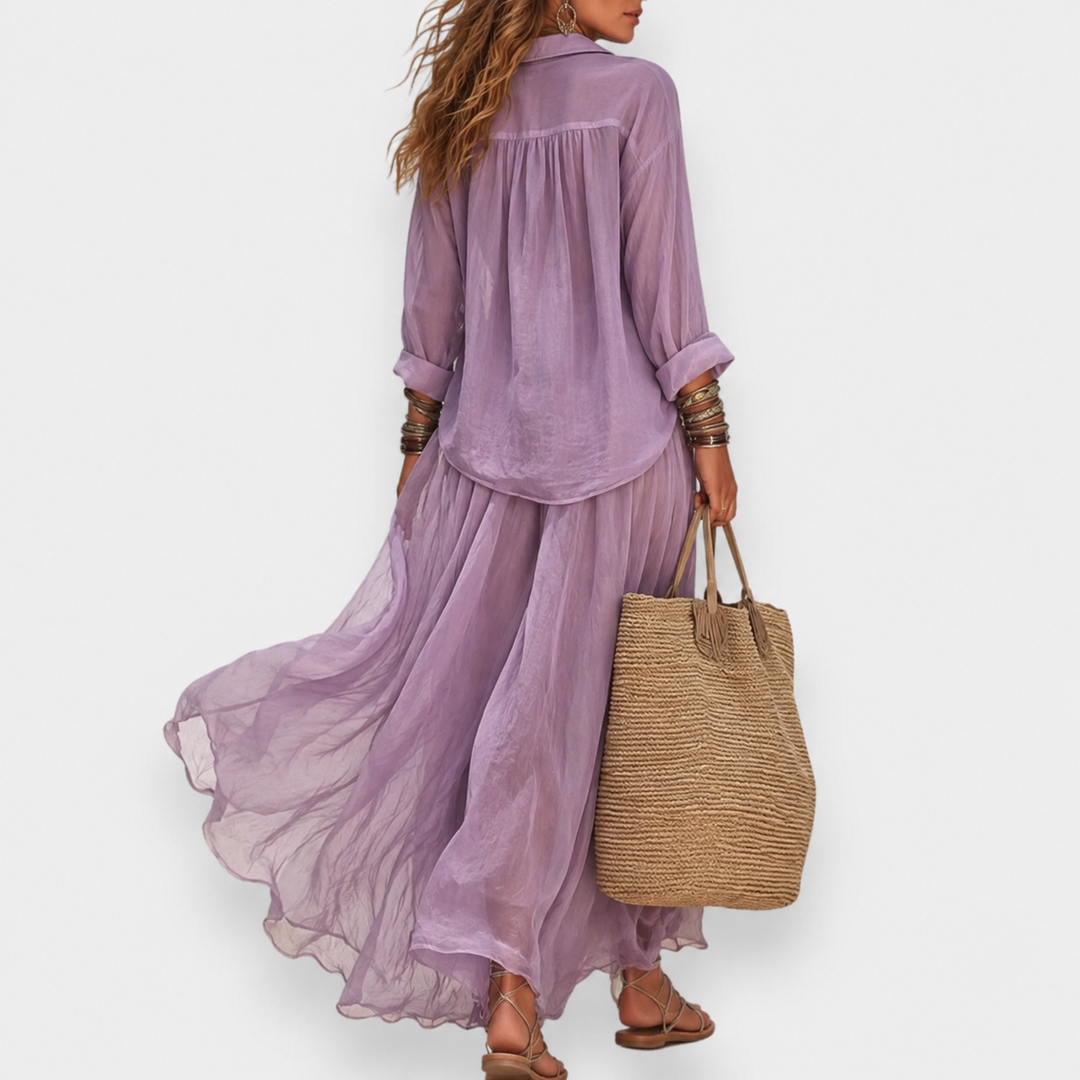 Luena Blouse and Long Pleated Skirt Set, view 3 - Elena Harper