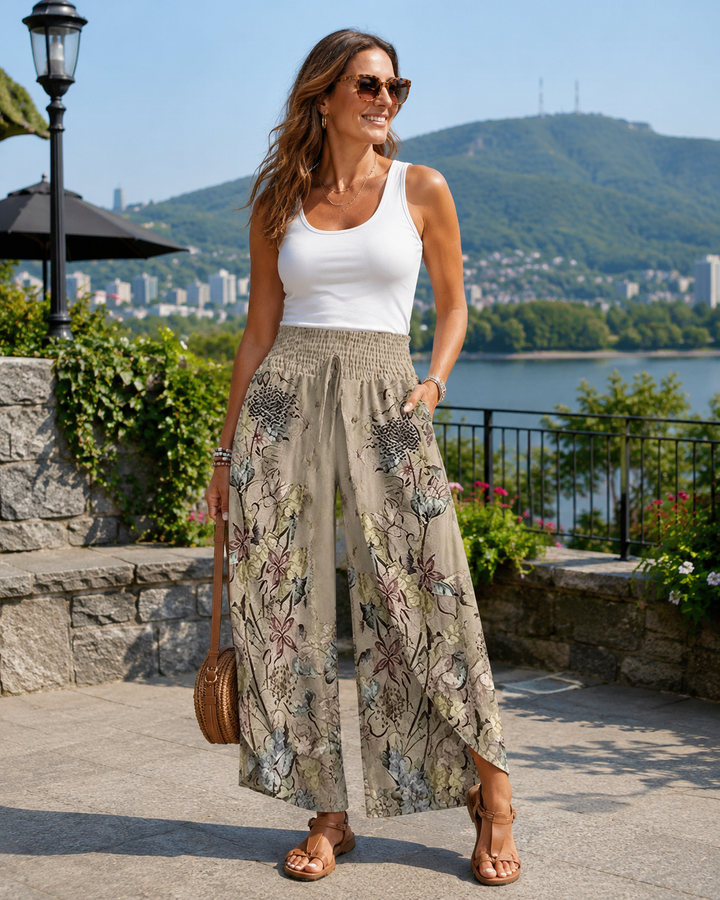 Wide-Leg Floral Women's Pants with Gathered Waist and Drawstring