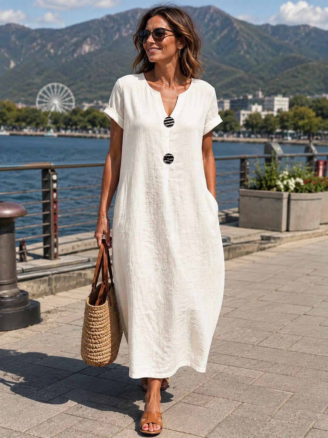 Long Women's Dress with Split Neckline and Decorative Buttons