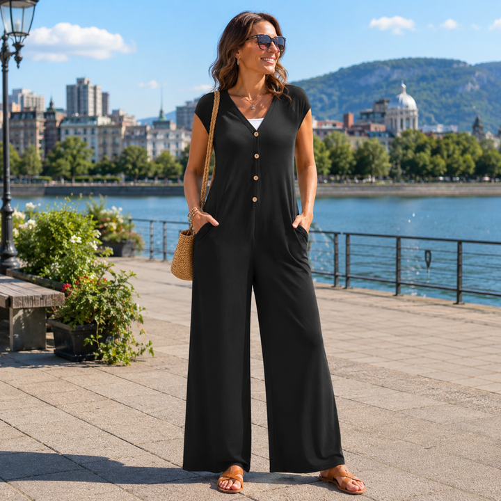 Women's V-neck Jumpsuit with Buttons and Wide Legs