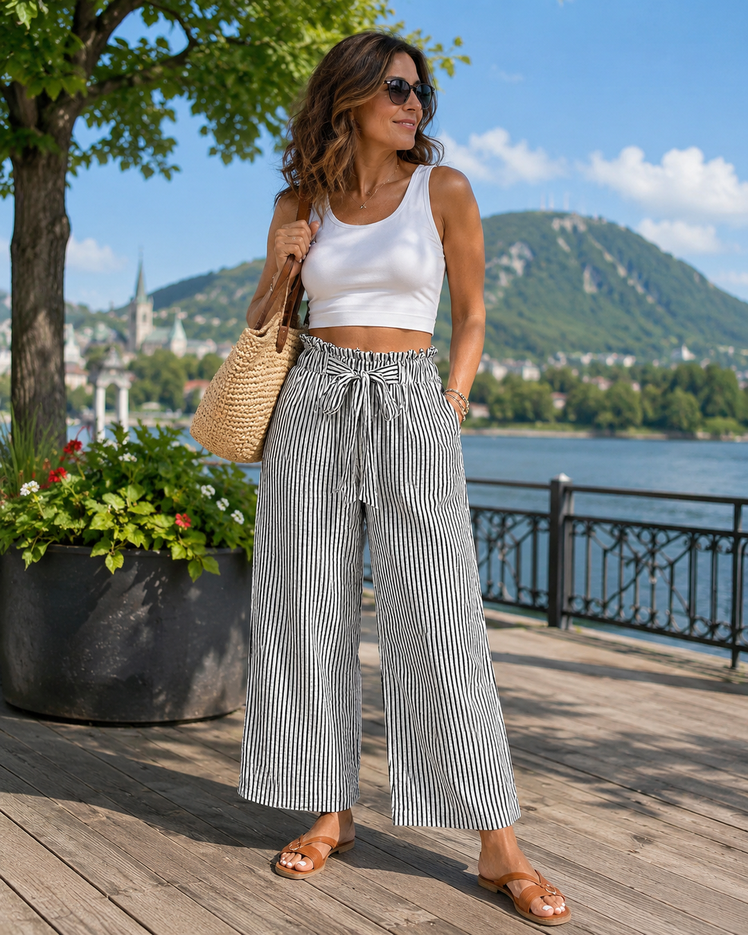 Women's High-Waisted Striped Wide-Leg Pants