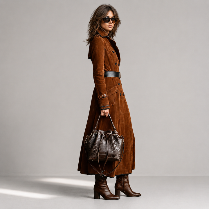 Derya Long Trench Coat Made of Suede, view 4 - Elena Harper