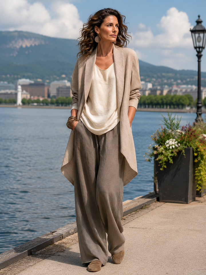 Three-Piece Women's Linen Effect Set with Wide Pants