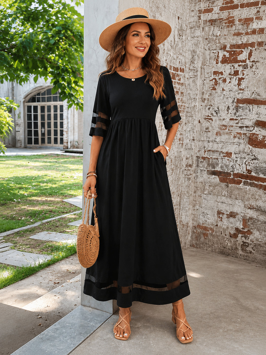 Long flowy women's dress with transparent details