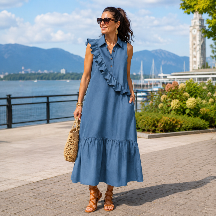 Long women's dress with asymmetric ruffles and polo collar
