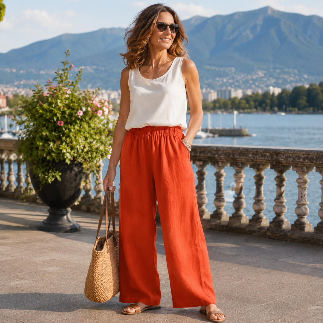 Wide-Leg Women's Cotton-Linen Pants with Elastic Waist