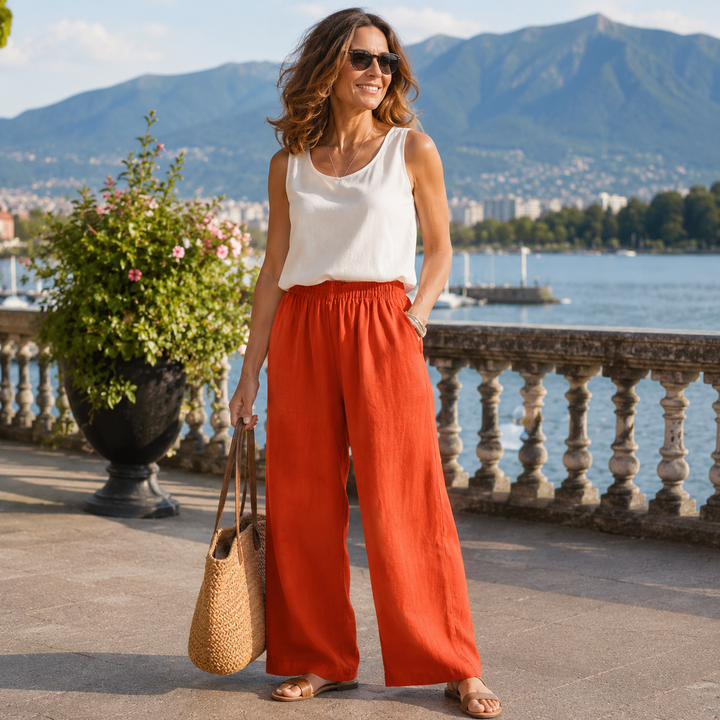 Wide-Leg Women's Cotton-Linen Pants with Elastic Waist