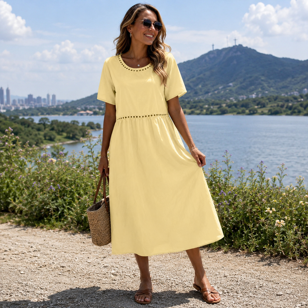 Long Women's Dress in Mixed Cotton with Cut-Out Details