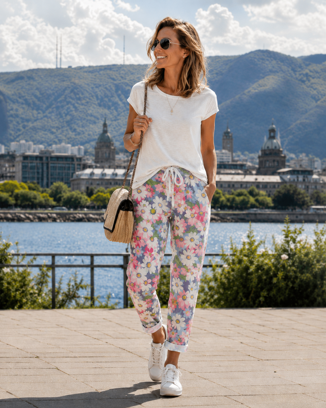Women's Floral Pants with Adjustable Waist and Convenient Pockets