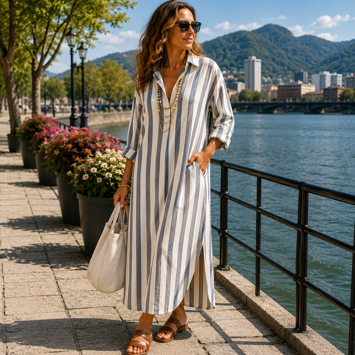 Women's Shirt Dress with Vertical Stripes and Relaxed Flowing Cut